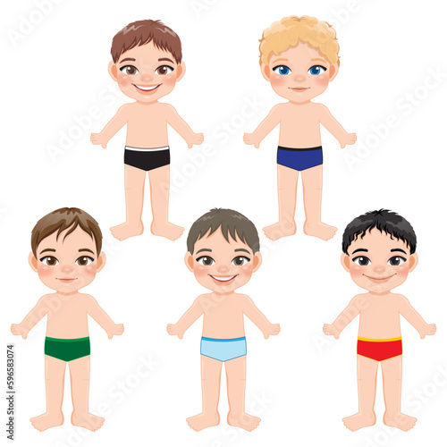 Set of diverse boys body front side template. Boys in men s underwear isolated on white background vector