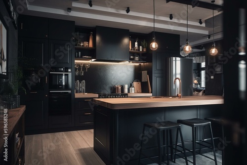 Contemporary black fitted kitchen with hipster vibes. Generative AI © Isolde