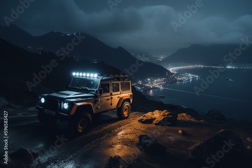 Uncommon vehicle amidst mountain, ocean, and night. Amazing shot. Generative AI © Aphrodite