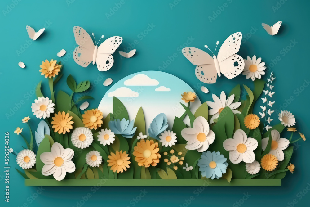 Earth day concept with flowers and butterfly paper cut style, World environment day concept, generative AI