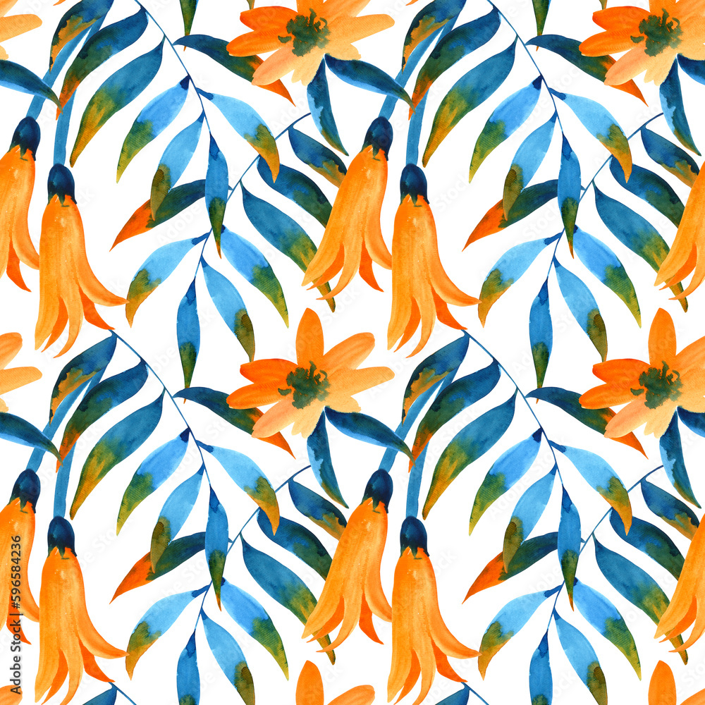 Watercolour blue orange tropical leaves flowers illustration seamless pattern. On white background. Hand painted floral elements.