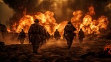 地獄のような戦場に向かう軍人：AI作品
