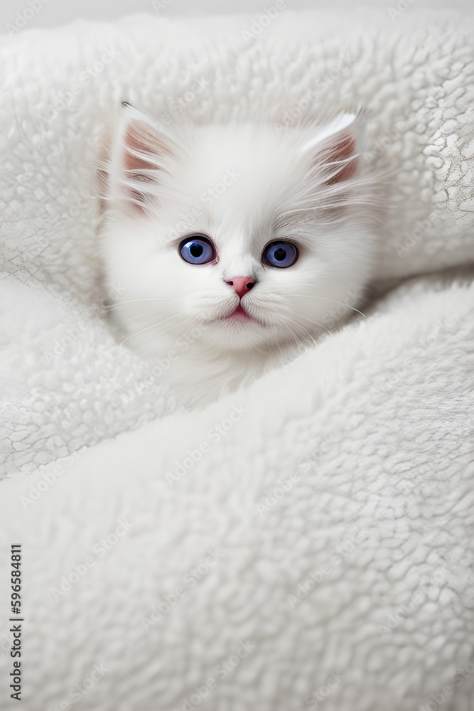 ai-generate illustration of a cute kitten laying on a white soft blanket