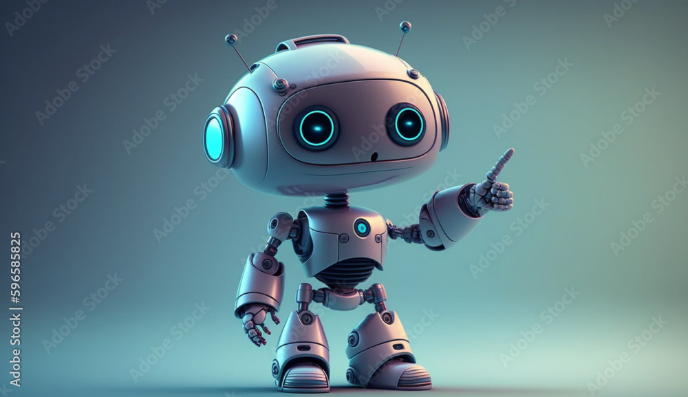 Playful cute and happy toy robot pointing something, android 3d rendering Playful cute and happy toy robot pointing something, android 3d rendering