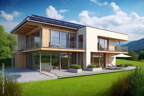 generative ai illustration of villa with photovoltaic panels, system solar © epiximages