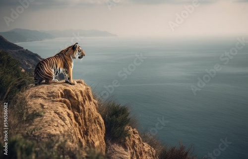 Wild animal photography of a Tiger standing on top of a cliff field high view beside river