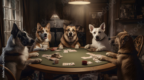 Hunde spielen Poker an einem Pokertisch photo