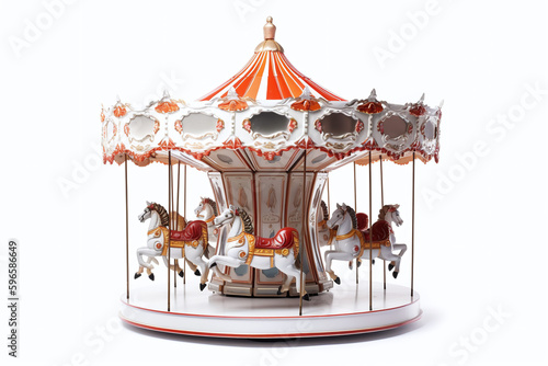 Gros plan sur un carousel en bois avec chevaux sur fond blanc » IA générative