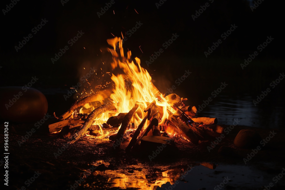 Naklejka premium Un feu de camp au bord de l'eau dans une forêt la nuit » IA générative