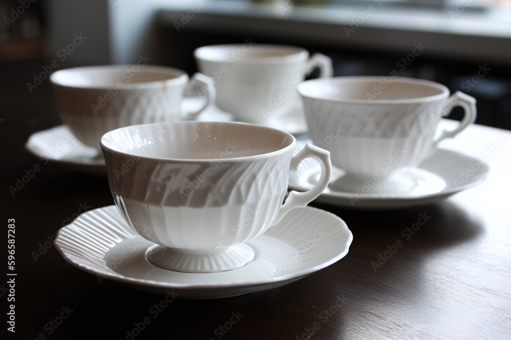 Quatre tasses design en porcelaine avec soucoupe » IA générative Quatre tasses design en porcelaine avec soucoupe » IA générative