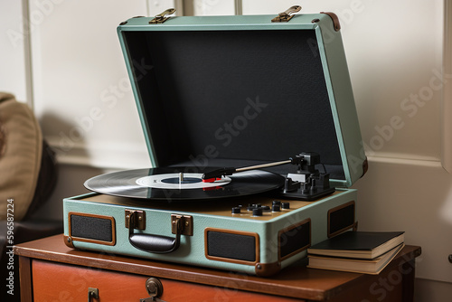 Tourne disque vintage turquoise avec vinyle » IA générative photo