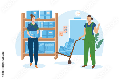 Post office blue concept with people scene in the flat cartoon style. Postal workers stack boxes with parcels in warehouses. Vector illustration. © Andrey