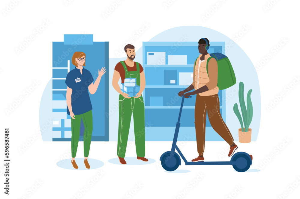 Post office blue concept with people scene in the flat cartoon style. Courier picks up parcels from the post office that need to be delivered to customers. Vector illustration.