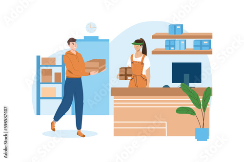 Post office blue concept with people scene in the flat cartoon style. Man picks up a parcels from the post office. Vector illustration.