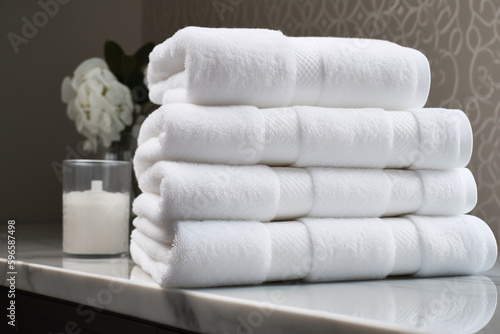 Fotografiet Des serviettes blanches dans une salle de bain d'un hôtel » IA générative