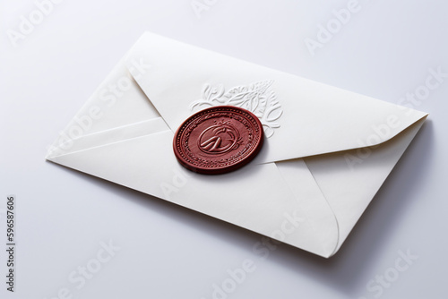 Enveloppe blanche avec cachet de cire rouge sur fond blanc » IA générative photo