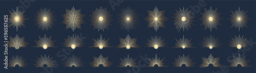 Hand drawn set of golden Sun, sunburst, light rays in line art. Bohemian symbol bursting sun rays. Magic talisman, antique style, boho, tattoo, logo. Vector gradient illustration on blue background