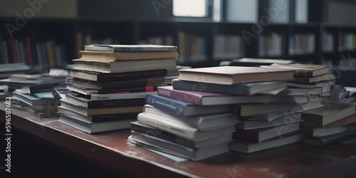A stack of textbooks on a desk in a library cinematic Generative AI