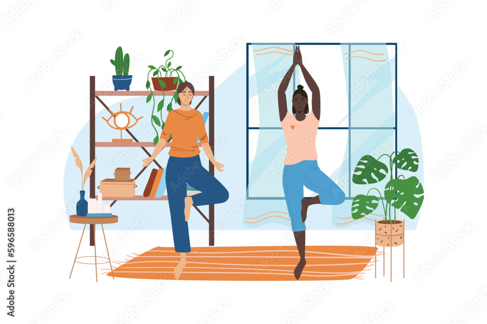 Interior blue concept with people scene in the flat cartoon design. Two friends do yoga exercises in comfortable gym with plants. Vector illustration.