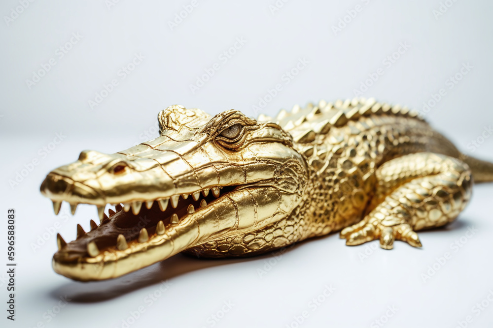 Fototapeta premium Gros plan sur un crocodile en or sur fond gris » IA générative