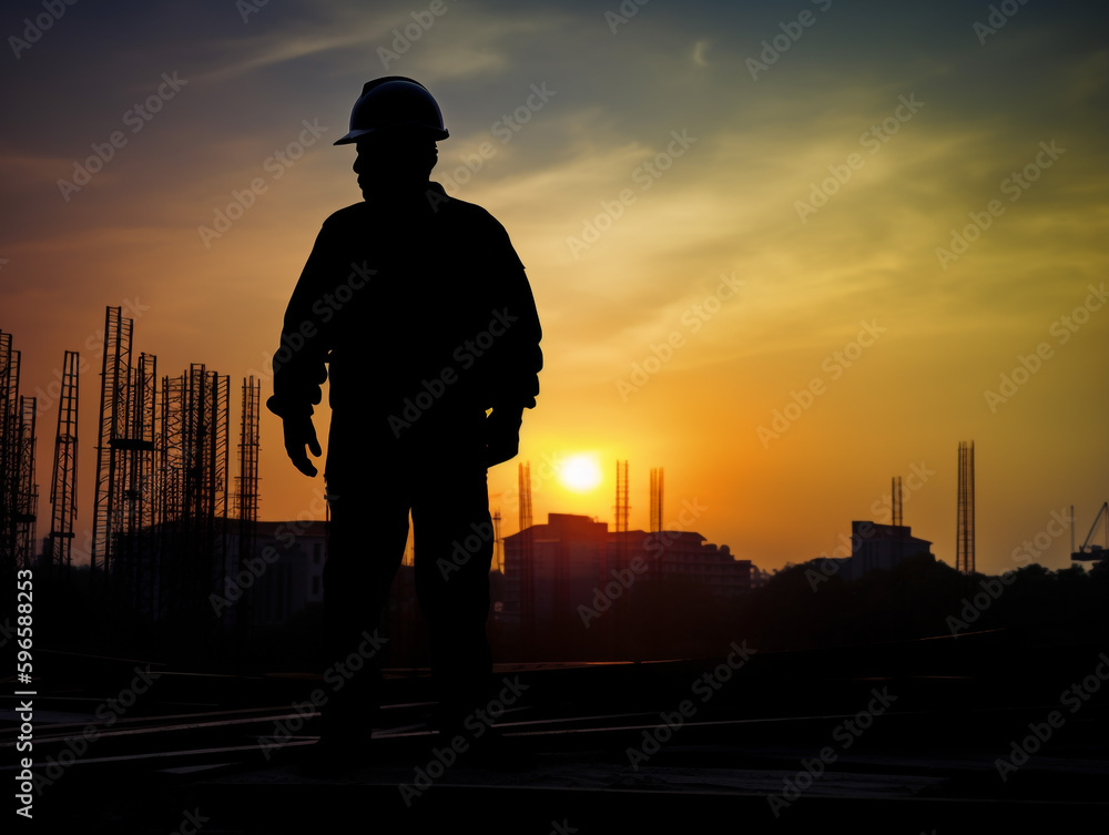 Fototapeta premium silhouette of construction worker at golden hour