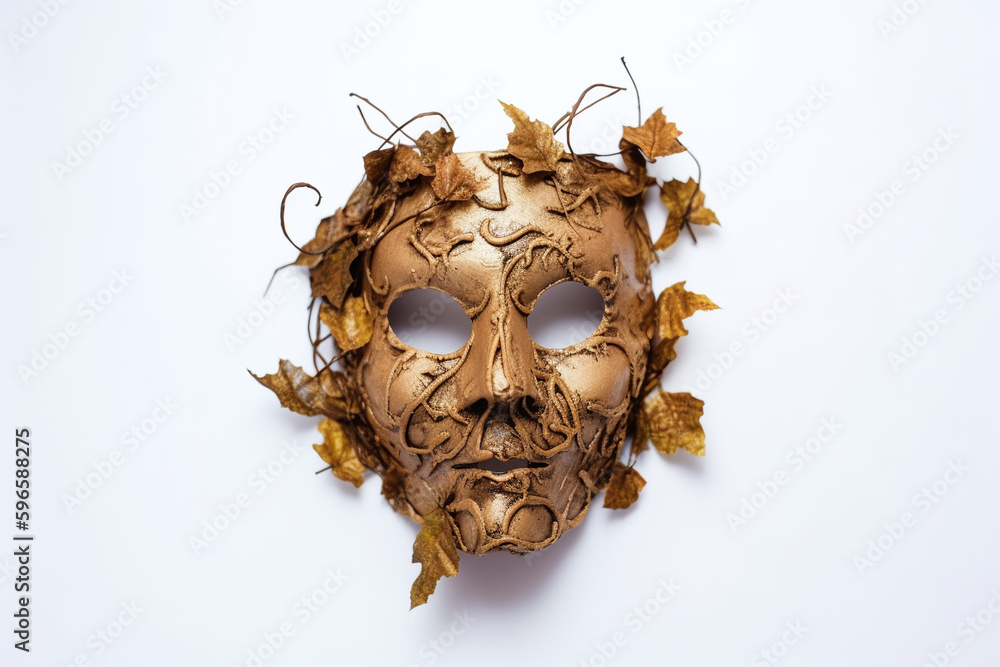 Masque d'halloween doré avec des feuilles d'automne sur fond blanc » IA générative