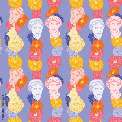 Seamless pattern with antique heads and floral background. Greek sculpture and mythology. Plaster bust of Venus and David in wild wildflowers. Vector background for any design.