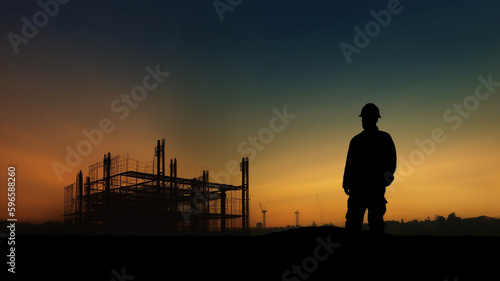 silhouette of construction worker at golden hour