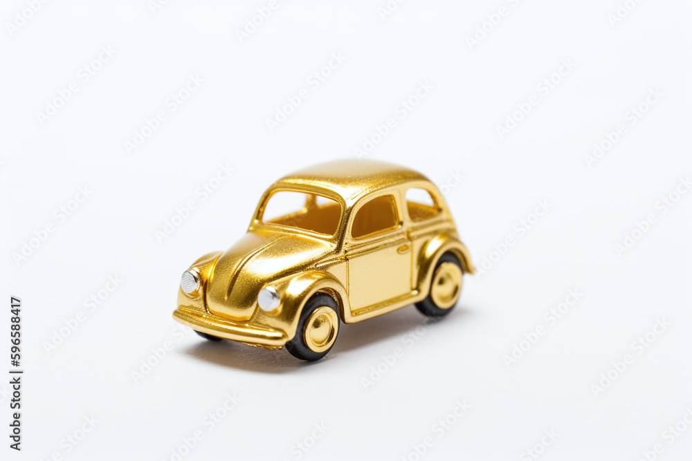 Gros plan sur une voiture miniature en or sur fond blanc » IA générative