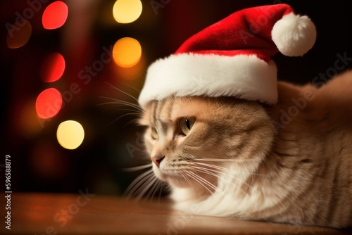 Christmas cat in red Santa Claus hat with christmas tree on background. Cute cat looking at the side. Merry Christmas, happy new year