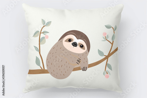 Coussin avec l'illustration d'un paresseux mignon sur une branche » IA générative photo