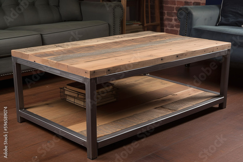 Table basse style industriel avec bois brut dans un salon    IA g  n  rative