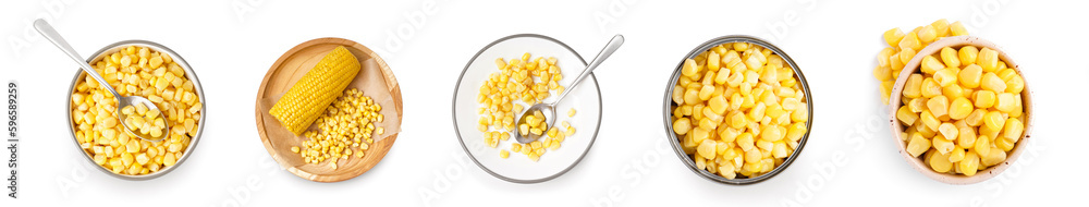 Set of canned corn on white background, top view Set of canned corn on white background, top view