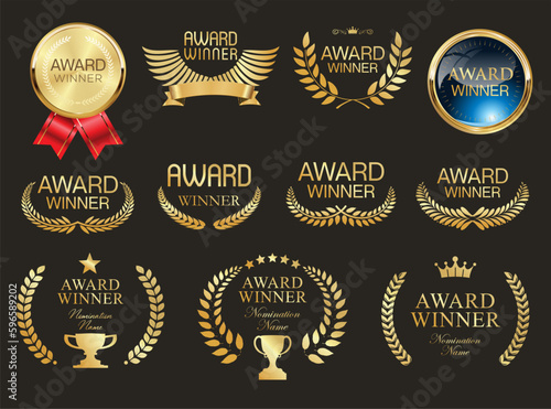 Award Winner emblem collection of gold laurel wreath vector illustration