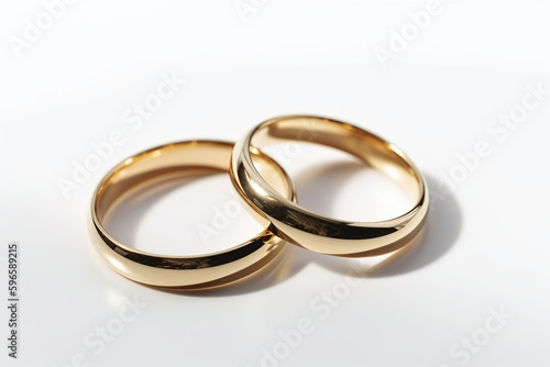 Gros plan sur des bagues de mariage en or sur fond blanc » IA générative