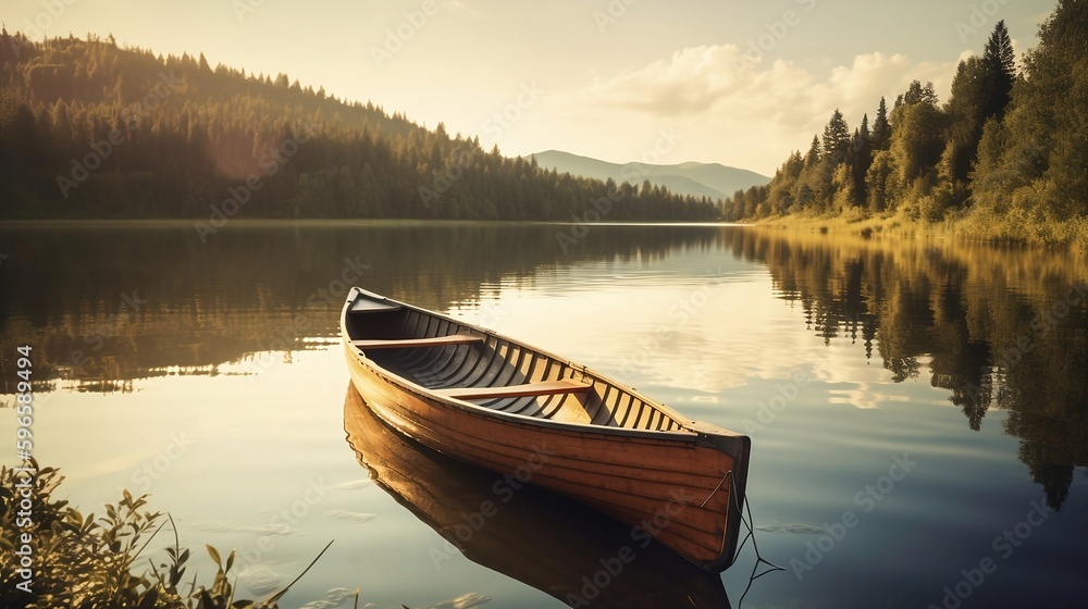 Boat on a lake at sunset. - obrazy, fototapety, plakaty 