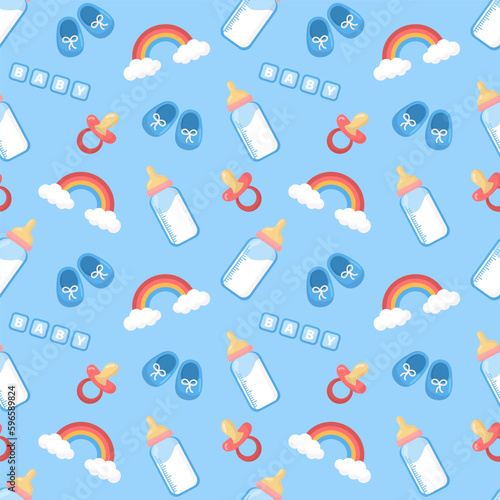 Vector seamless baby pattern, backdrop for wallpaper, print, textile, fabric, wrapping. Baby bottle, booties, rainbow on blue background. Baby shower, newborn concept.