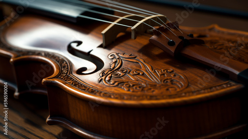 Close-up shot of a violin, showcasing craftsmanship and musical elegance, shallow depth of field, Illustrative Generative AI