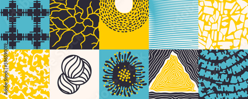 Set of square cards with abstract and surreal elements and patterns. Decoration design elements. Vector template