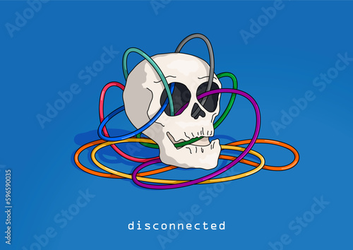 Disconnected. Human skull tangled in network wires. Social media concept. Vector illustration