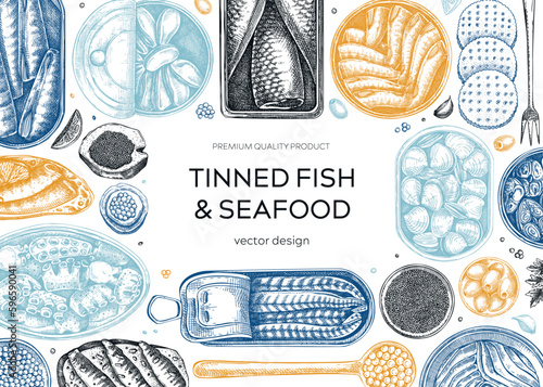 Canned fish frame design in colors. Seafood background with hand-drawn sardines, anchovy, mackerel, tuna, mussels in tin cans, fish canapes drawings. Finger food party banner. Tinned fish sketch