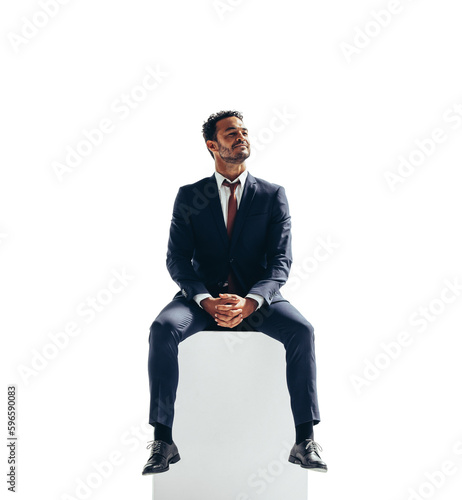 Foto Contemplative businessman sitting on top of a block on a transparent background