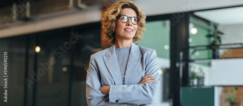Foto Thoughtful business woman standing with crossed arms