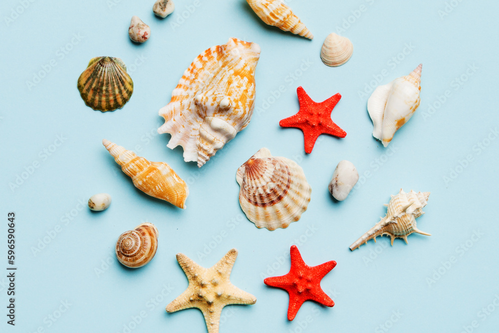 Summer time concept Flat lay composition with beautiful starfish and sea shells on colored table, top view Summer time concept Flat lay composition with beautiful starfish and sea shells on colored table, top view