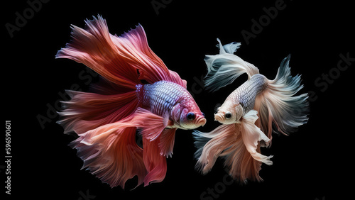 8k, realistic photo, high detailed, macro view, beautiful betta fish with pink white blue orange red gold green colours, underwater photography isolated on black background. Generative ai 