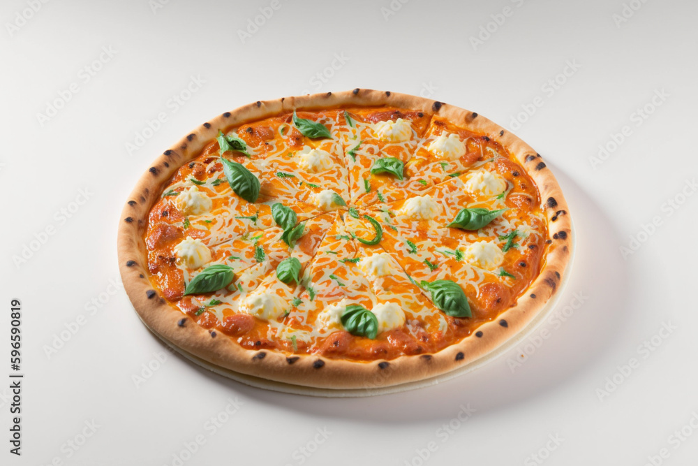 Pizza with mozzarella cheese and basil on a white background. created with generative AI Pizza with mozzarella cheese and basil on a white background. created with generative AI