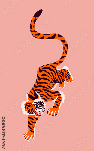 Abstract crouching Indian tiger. Endangered animal. Striped beast in cartoon style. Vector background for t shirt print  logo  poster template  tattoo idea.