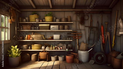 A well-organized tool shed with various gardening equipme Generative AI