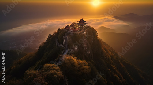 Aerial photography of the sunrise at the top of Mount Emei in Sichuan - Generative AI