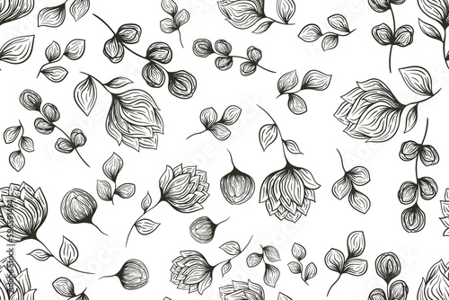 Floral flower vector seamless pattern. Hand drawn botanical ink illustration with floral motif. Chamomile or daisy painted by brush. Hand drawn black print for fabric, wrapping paper, wallpaper design